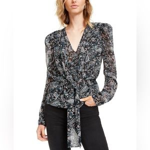 NWT LEYDEN WOMEN'S PAISLEY TIE-FRONT TOP CHARCOAL SIZE SMALL